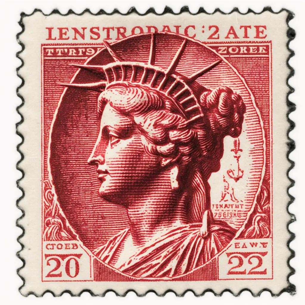 vintage 2 cent postage stamp of Statue of Liberty, red ink, line engraving, intaglio